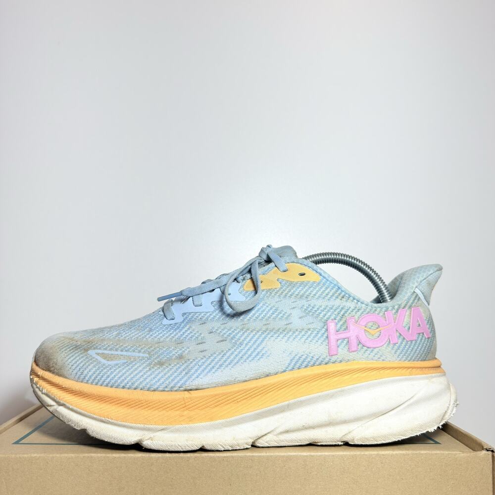 Hoka Clifton 9 Women's Size 12 Blue Orange Cushion Road Running Shoes Sneakers
